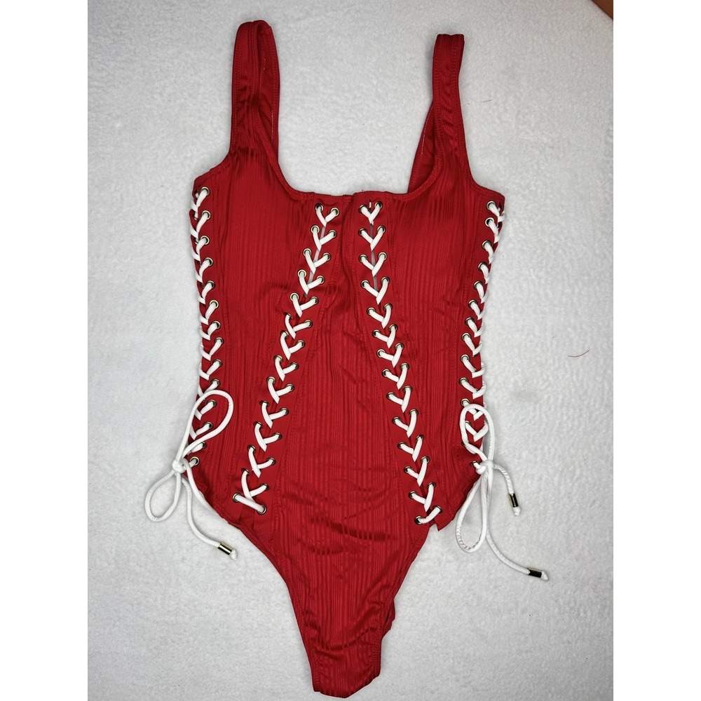 Sz S No Boundaries Red Lace Up Ribbed One Piece Swimsuit Y2K